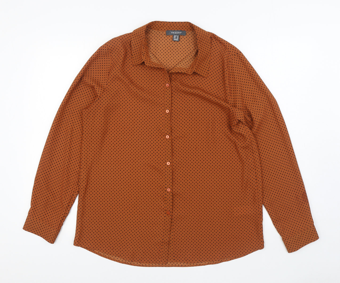Primark Womens Brown Polka Dot Polyester Basic Button-Up Size 14 Collared