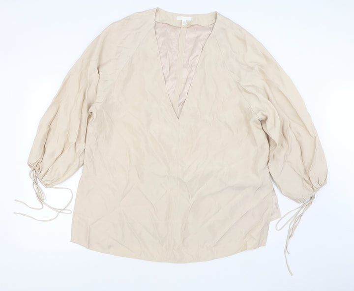 H&M Womens Beige Polyester Basic Blouse Size L V-Neck