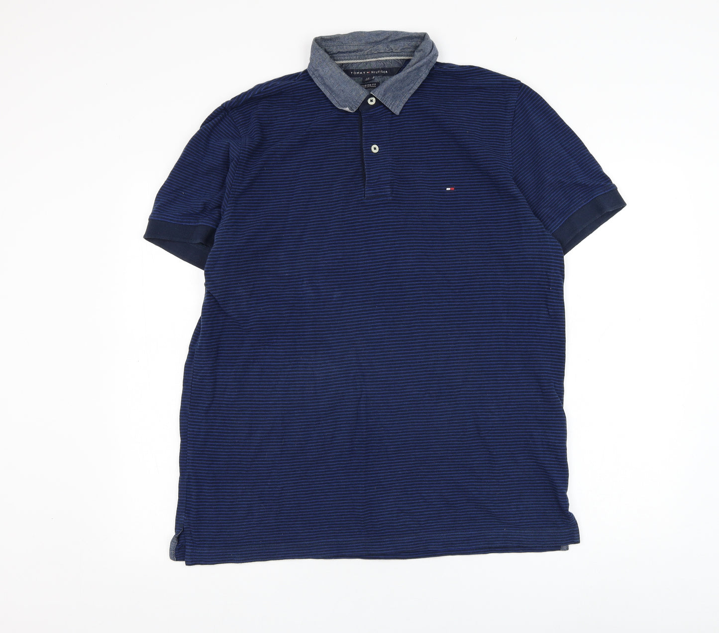 Tommy Hilfiger Mens Blue Striped Cotton  Polo Size L Collared Pullover