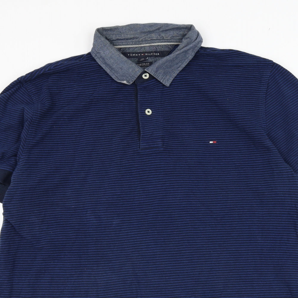 Tommy Hilfiger Mens Blue Striped Cotton  Polo Size L Collared Pullover