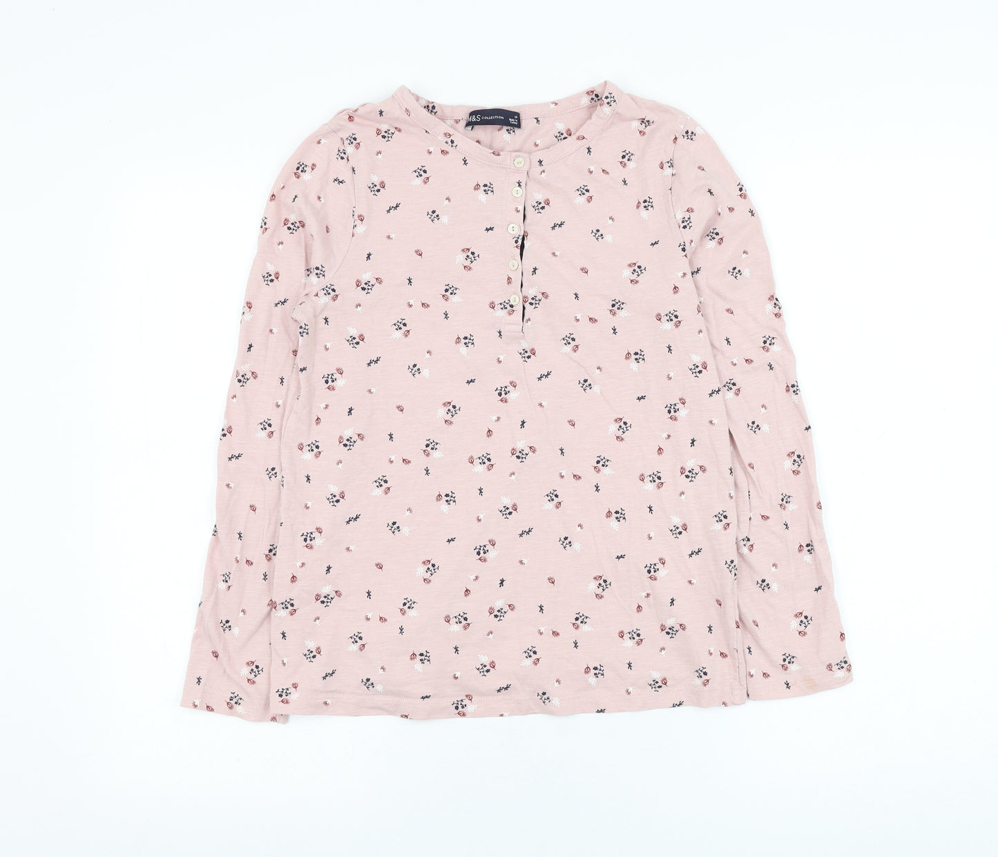 Marks and Spencer Womens Pink Floral Cotton Basic T-Shirt Size 10 Round Neck