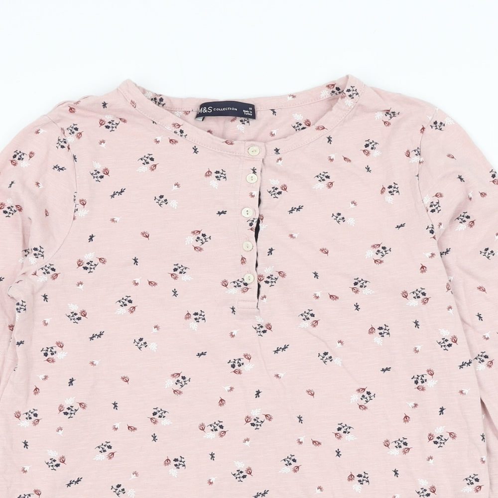 Marks and Spencer Womens Pink Floral Cotton Basic T-Shirt Size 10 Round Neck
