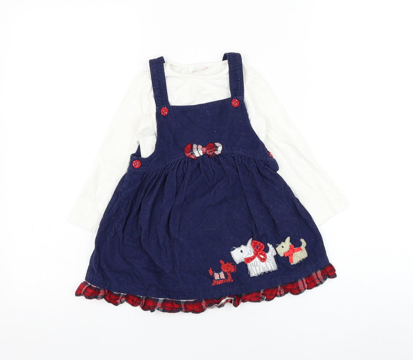 M&Co Girls Blue  Cotton Pinafore/Dungaree Dress  Size 18-24 Months  Sweetheart Button