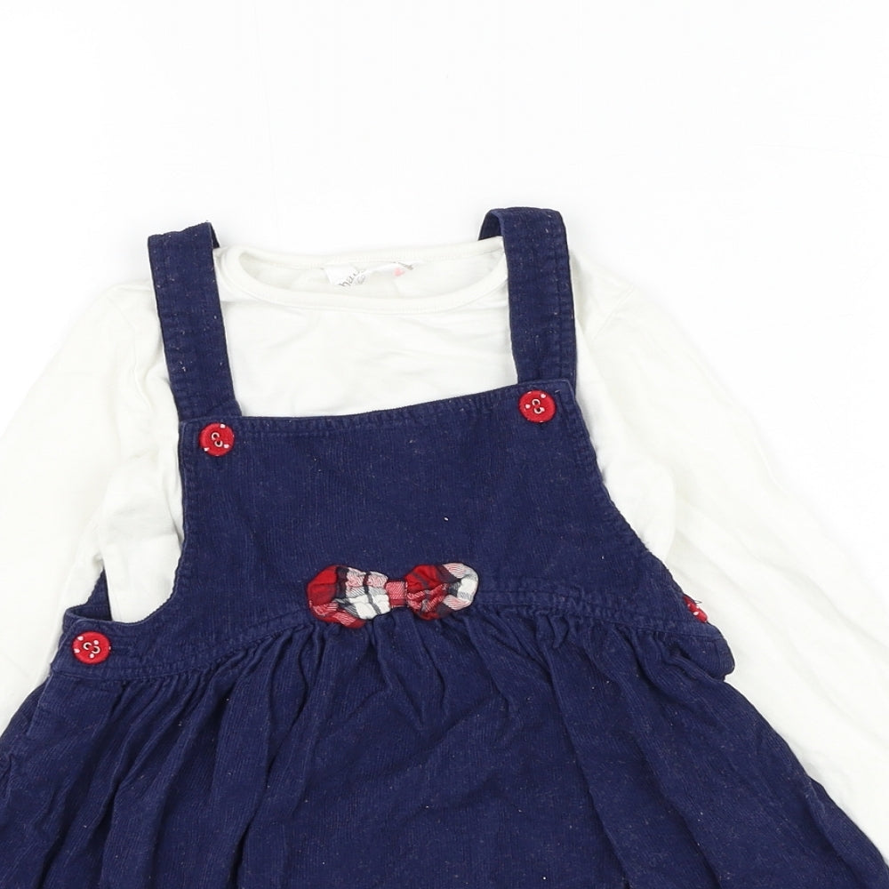 M&Co Girls Blue  Cotton Pinafore/Dungaree Dress  Size 18-24 Months  Sweetheart Button