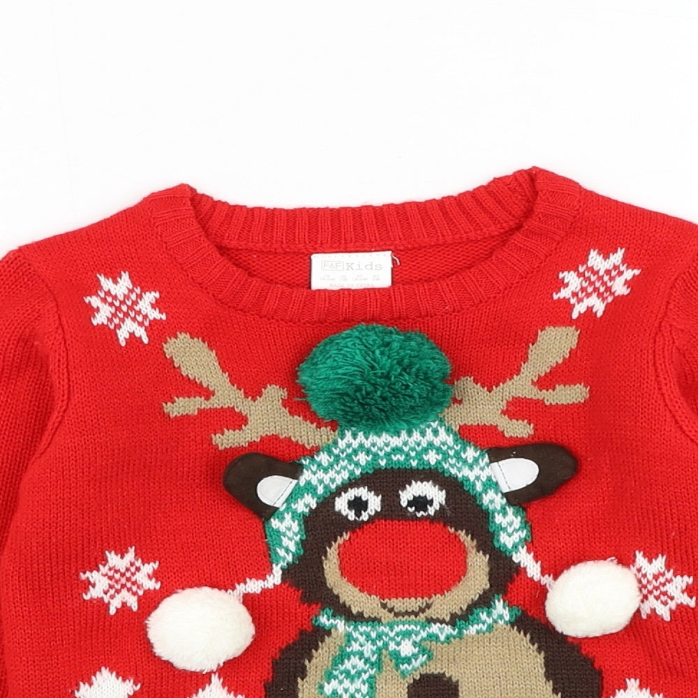 F&F Boys Red  Acrylic Pullover Jumper Size 18-24 Months  Pullover - Christmas, Reindeer