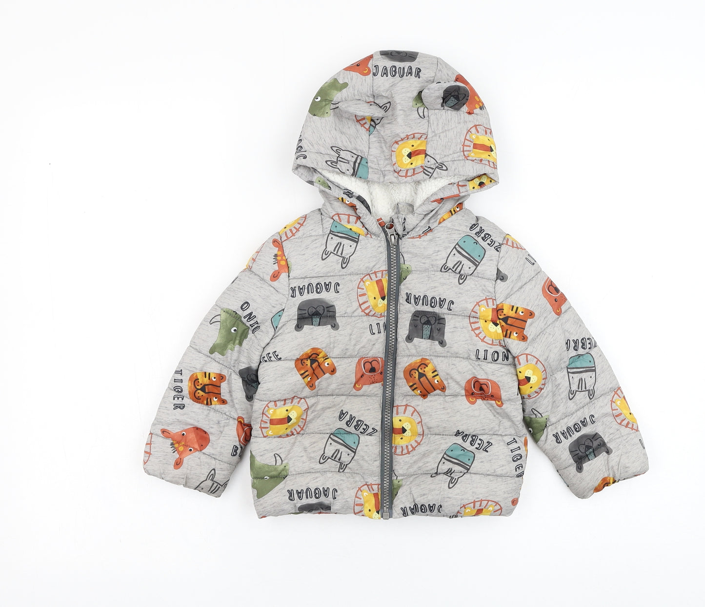 F&F Boys Grey   Puffer Jacket Coat Size 18-24 Months   Zip - Animal
