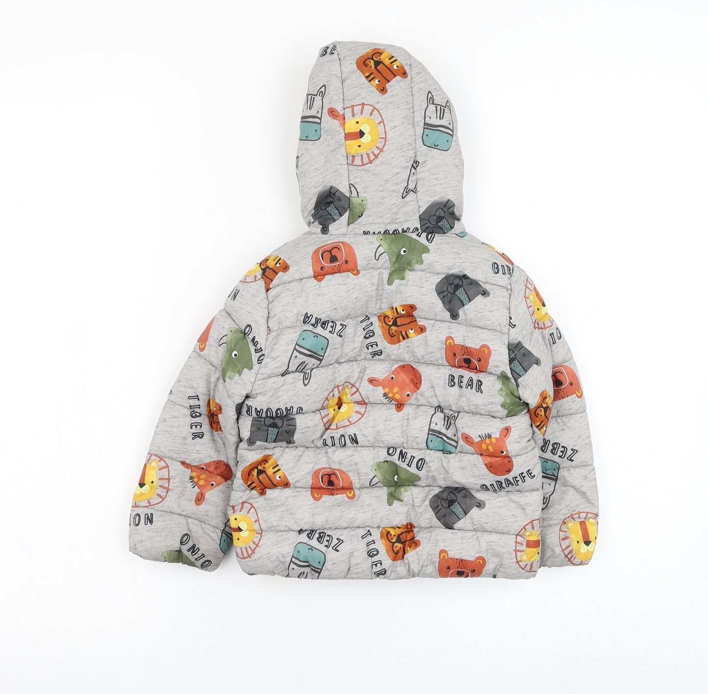 F&F Boys Grey   Puffer Jacket Coat Size 18-24 Months   Zip - Animal