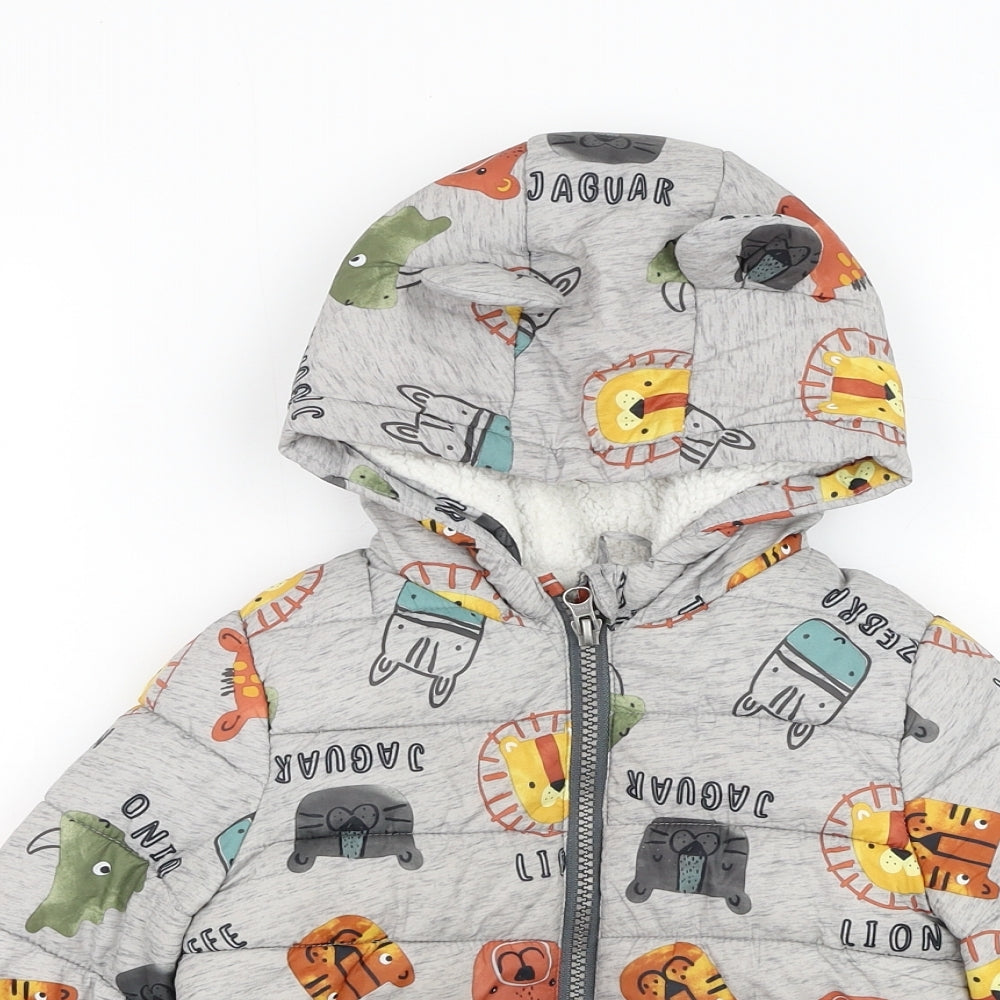 F&F Boys Grey   Puffer Jacket Coat Size 18-24 Months   Zip - Animal