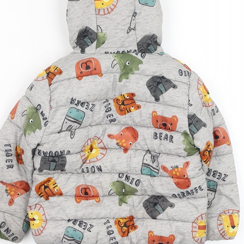F&F Boys Grey   Puffer Jacket Coat Size 18-24 Months   Zip - Animal