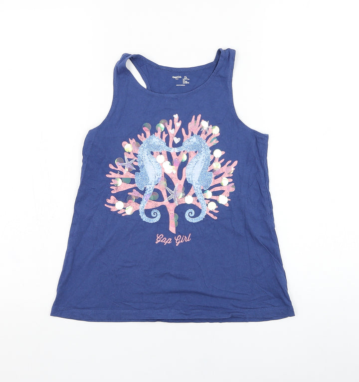 Gap Girls Blue Cotton Basic Tank Size 10-11 Years Round Neck Pullover - Seahorse