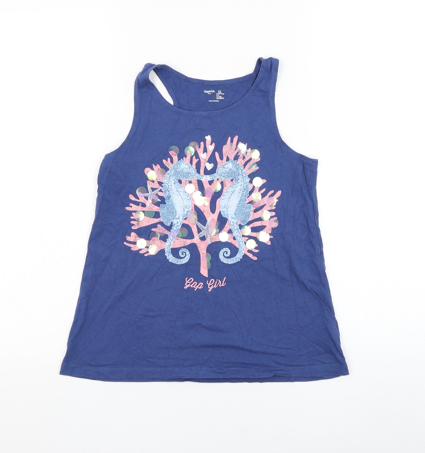 Gap Girls Blue  Cotton Basic Tank Size 10-11 Years Round Neck Pullover - Seahorse