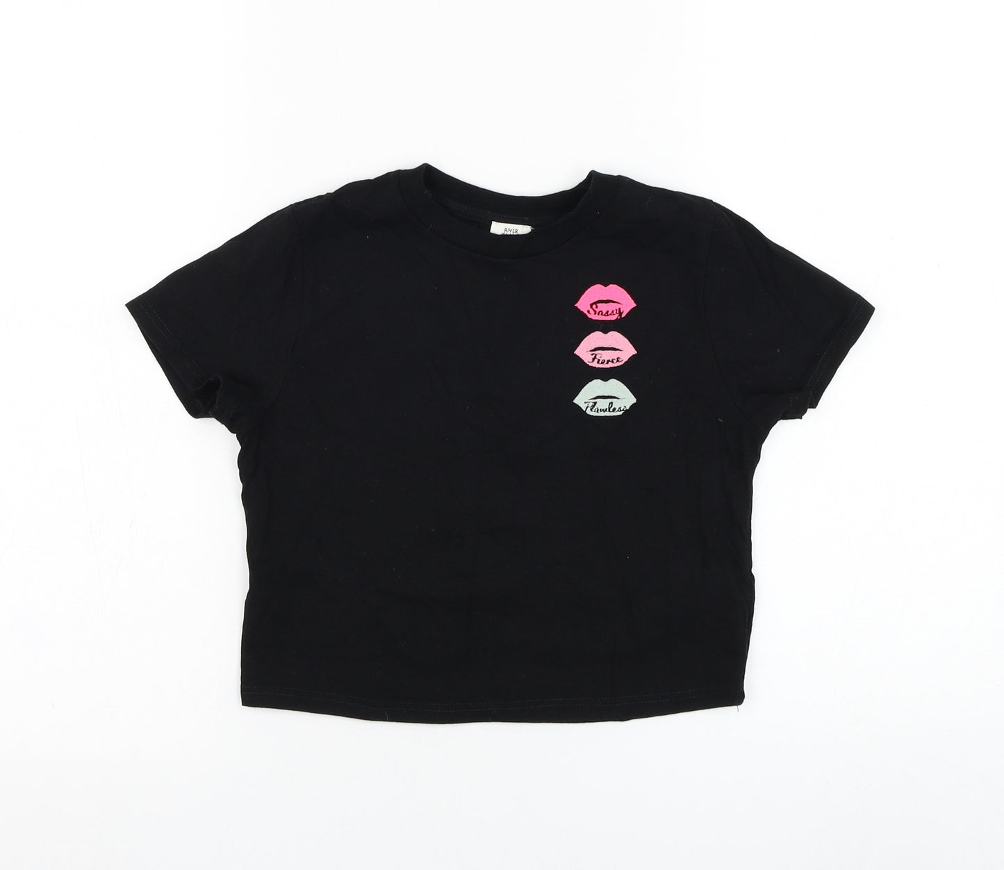 River Island Girls Black  Cotton Basic T-Shirt Size 11-12 Years Round Neck Pullover - Lips