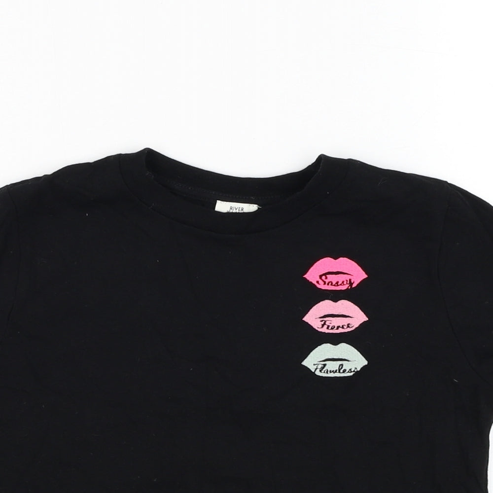 River Island Girls Black  Cotton Basic T-Shirt Size 11-12 Years Round Neck Pullover - Lips