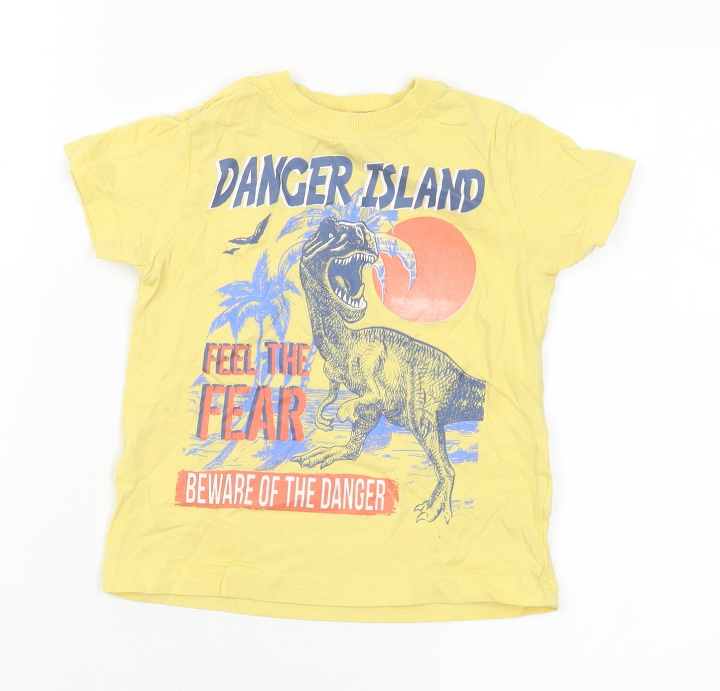 Dunnes Stores Boys Yellow  Cotton Basic T-Shirt Size 3 Years Crew Neck  - DInosaur