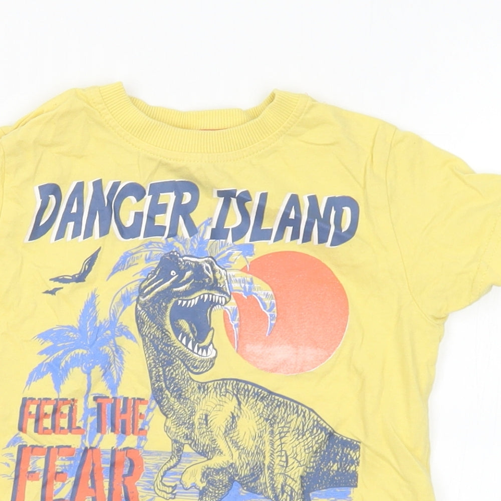 Dunnes Stores Boys Yellow  Cotton Basic T-Shirt Size 3 Years Crew Neck  - DInosaur