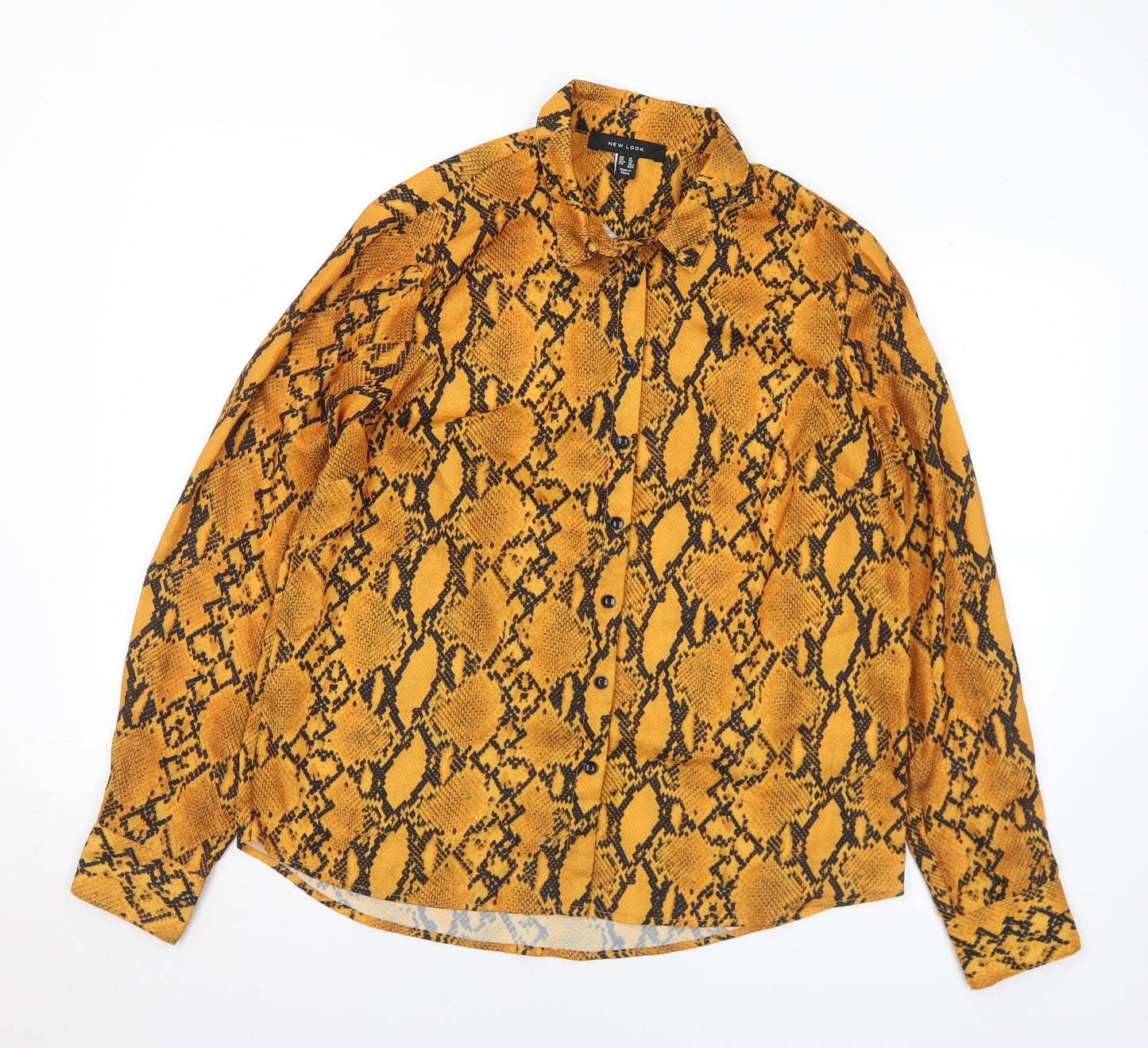 New Look Womens Gold Animal Print Polyester Basic Blouse Size 14 Collared