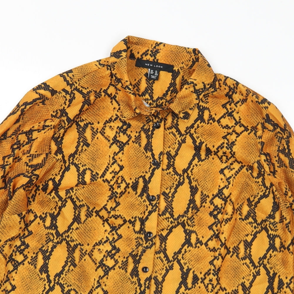 New Look Womens Gold Animal Print Polyester Basic Blouse Size 14 Collared
