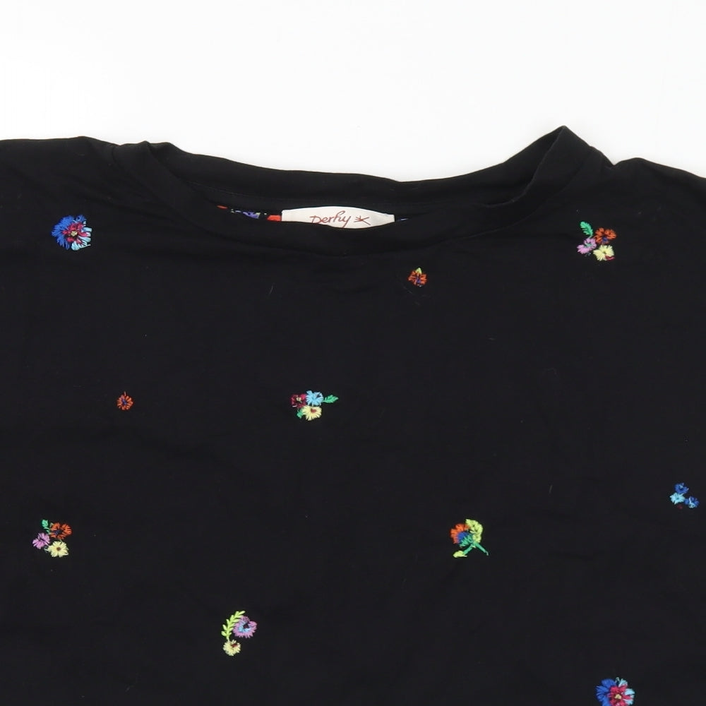 Derhy Womens Multicoloured Floral Viscose Basic T-Shirt Size M Mock Neck