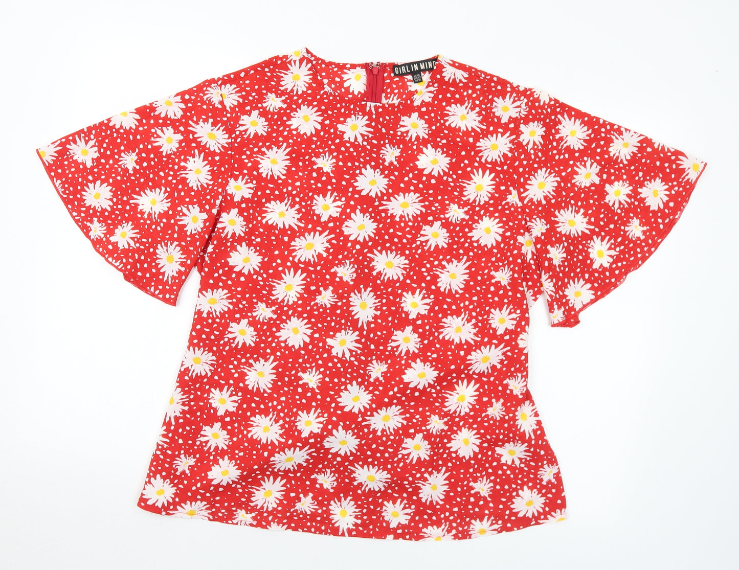 Girl in mind Womens Red Floral Polyester Basic Blouse Size 14 Round Neck