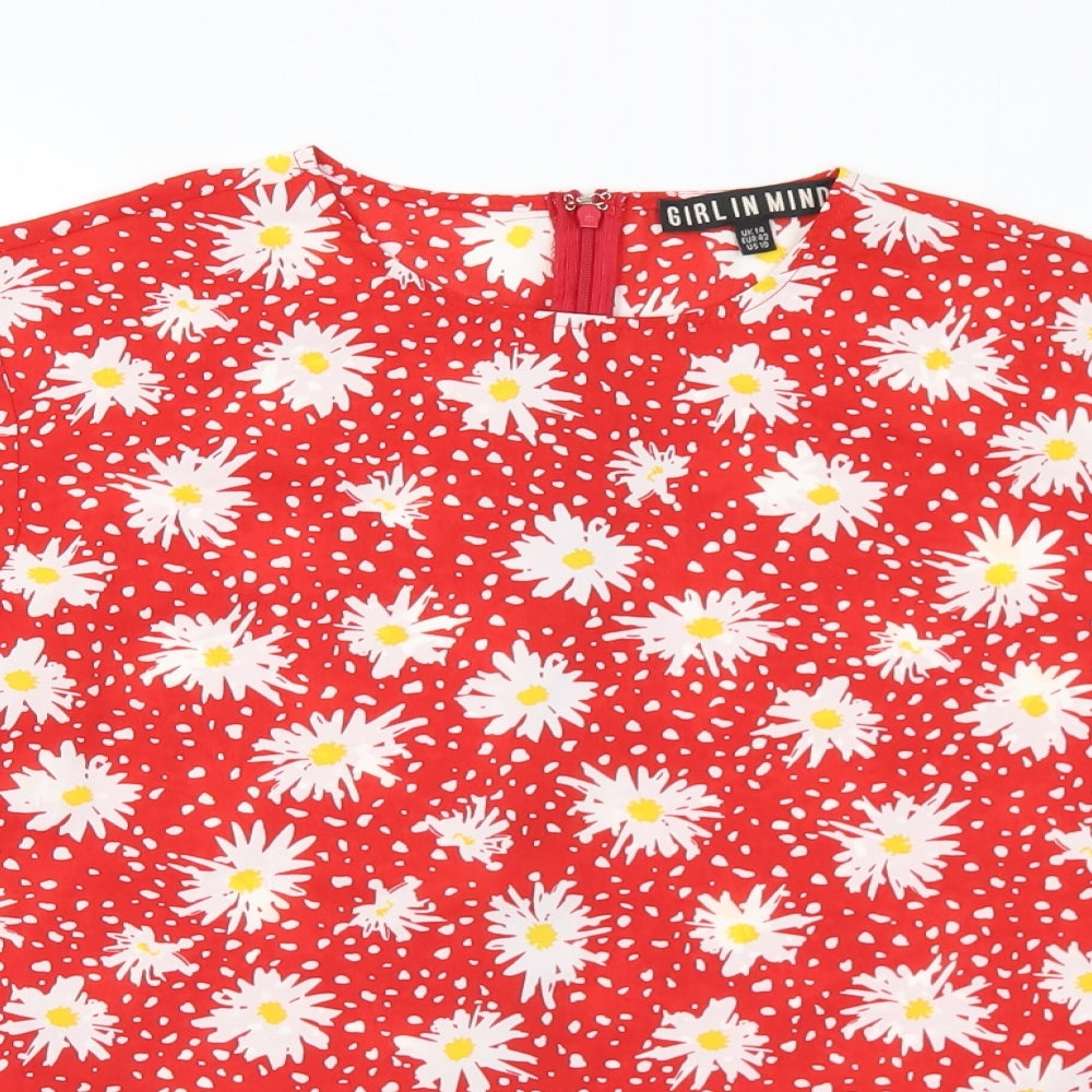 Girl in mind Womens Red Floral Polyester Basic Blouse Size 14 Round Neck