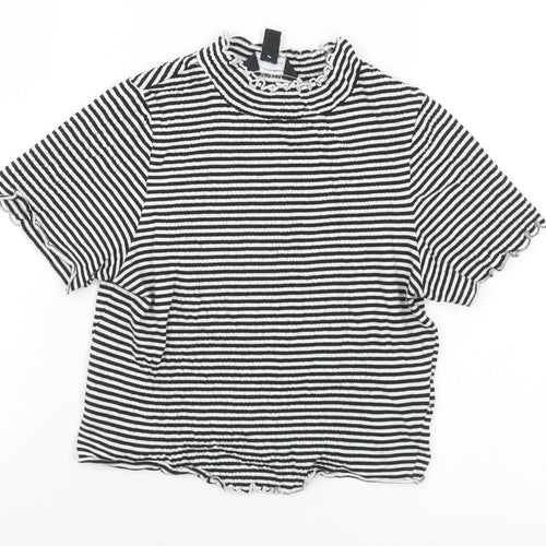New Look Womens Black Striped Cotton Cropped T-Shirt Size 8 Mock Neck