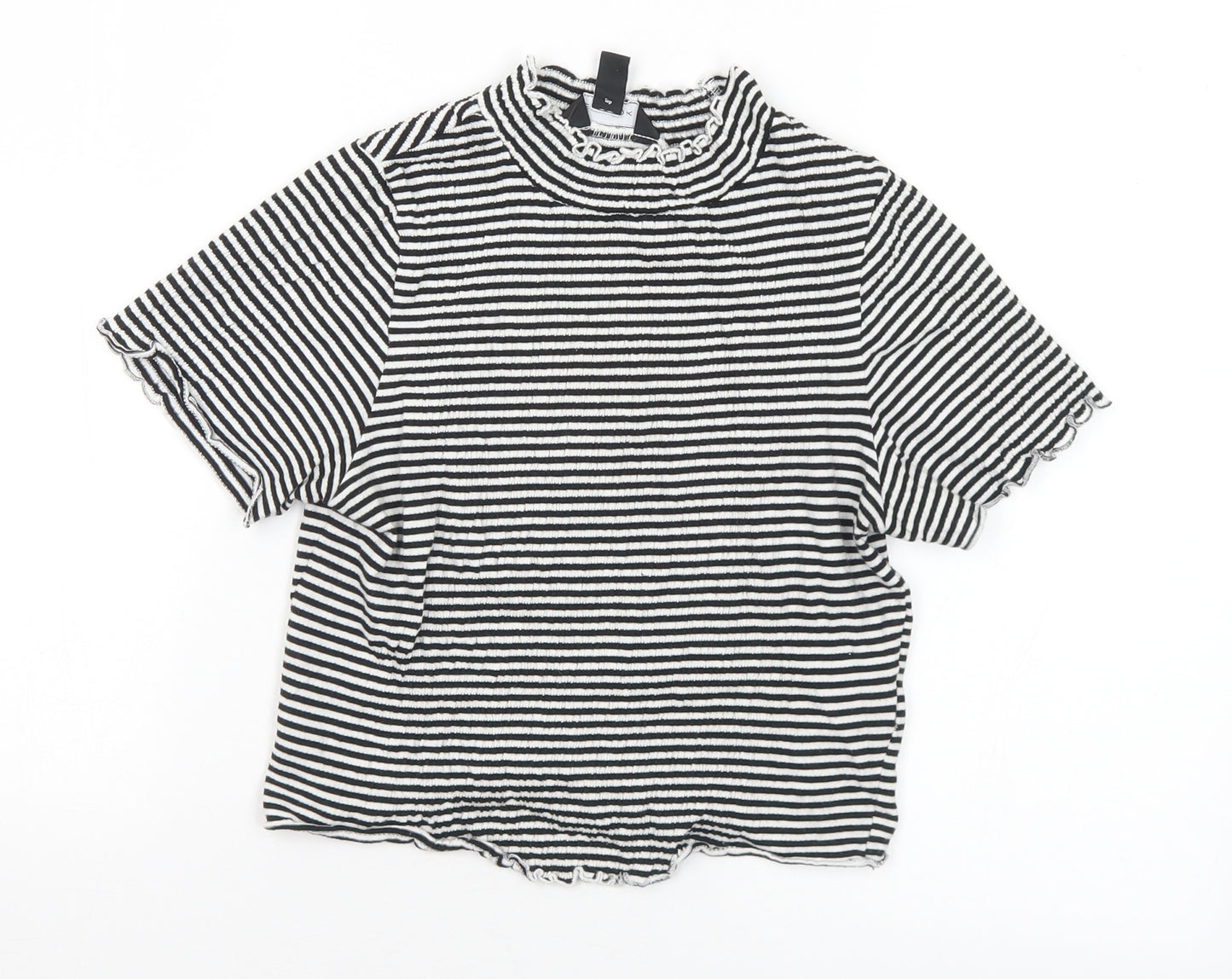 New Look Womens Black Striped Cotton Cropped T-Shirt Size 8 Mock Neck