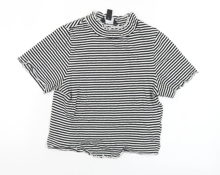 New Look Womens Black Striped Cotton Cropped T-Shirt Size 8 Mock Neck