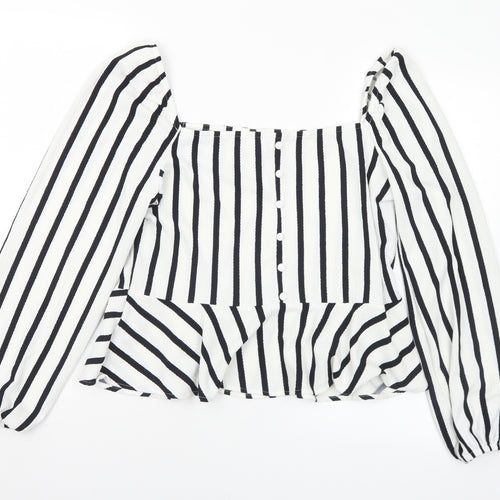 H&M Womens White Striped Polyester Basic Blouse Size L Square Neck