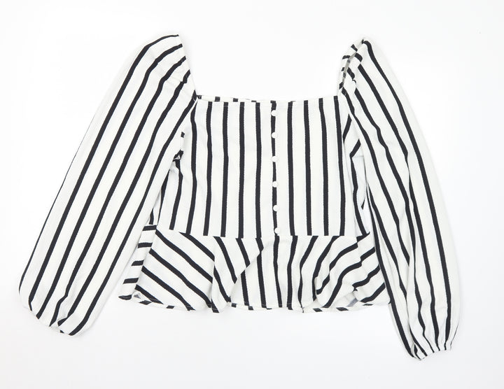 H&M Womens White Striped Polyester Basic Blouse Size L Square Neck