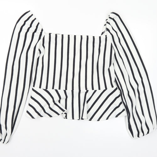 H&M Womens White Striped Polyester Basic Blouse Size L Square Neck