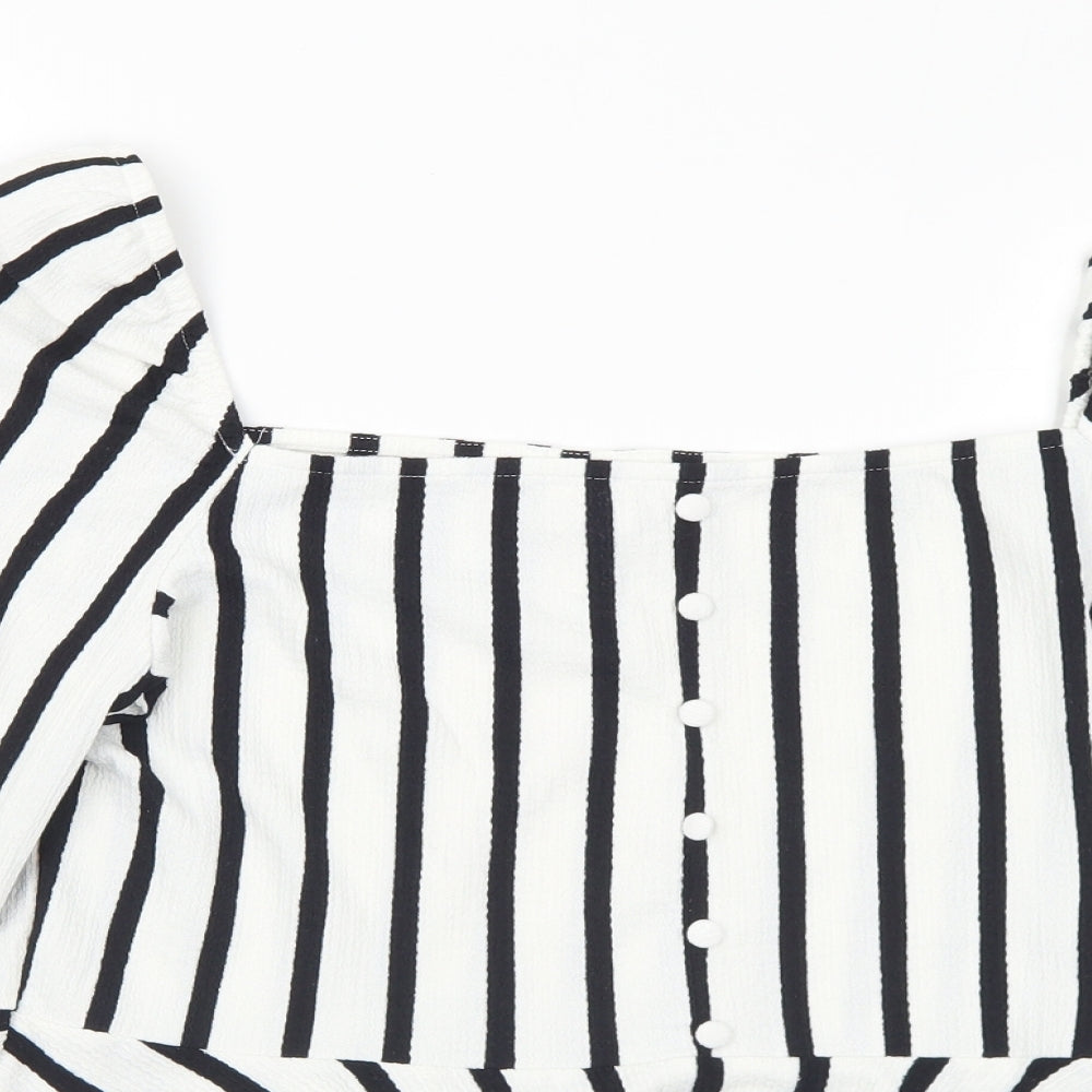 H&M Womens White Striped Polyester Basic Blouse Size L Square Neck