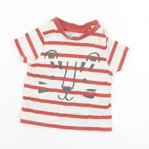 F&F Boys Brown Striped Cotton Basic T-Shirt Size 6-9 Months Round Neck Snap
