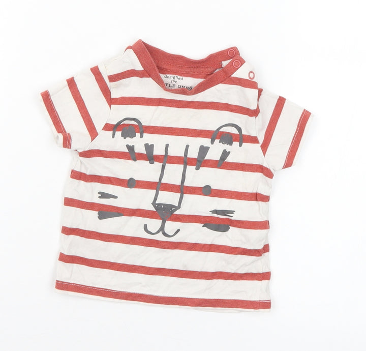 F&F Boys Brown Striped Cotton Basic T-Shirt Size 6-9 Months Round Neck Snap