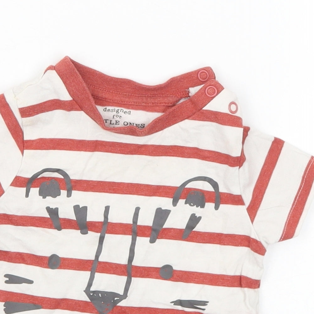 F&F Boys Brown Striped Cotton Basic T-Shirt Size 6-9 Months Round Neck Snap