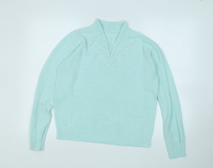 EWM Womens Blue V-Neck  Acrylic Pullover Jumper Size M
