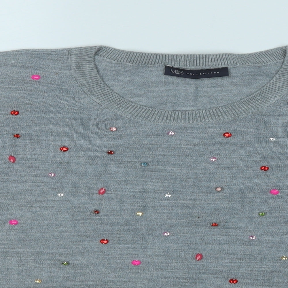 Marks and Spencer Womens Grey Round Neck Geometric Acrylic Pullover Jumper Size 22