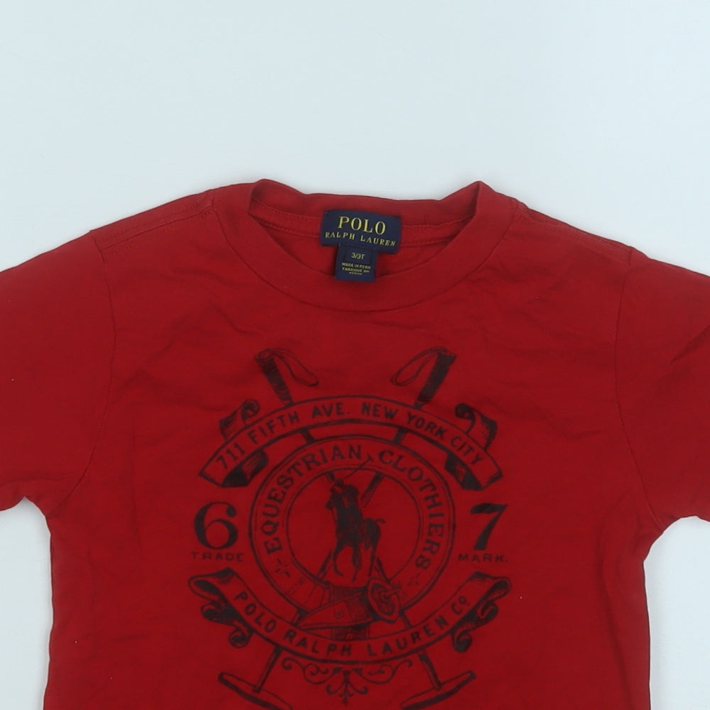 Polo Ralph Lauren Boys Red  Cotton Basic T-Shirt Size 3 Years Round Neck