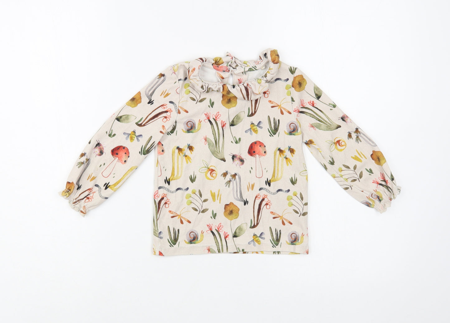 NEXT Girls Beige Floral Cotton Pullover T-Shirt Size 2-3 Years Collared Button