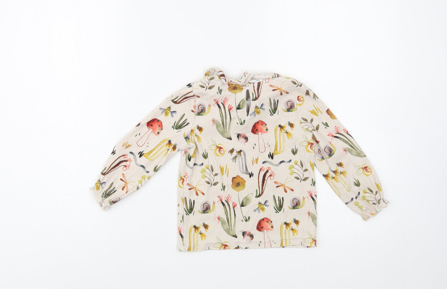 NEXT Girls Beige Floral Cotton Pullover T-Shirt Size 2-3 Years Collared Button