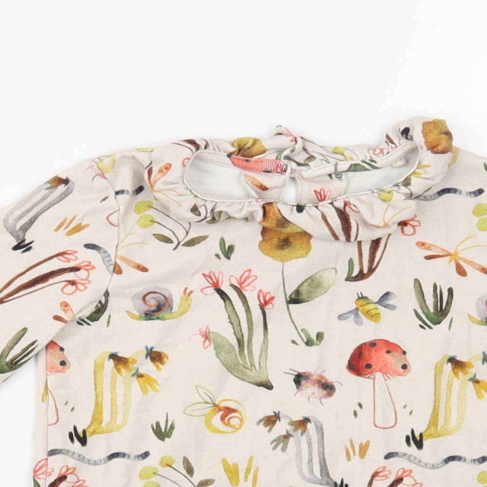 NEXT Girls Beige Floral Cotton Pullover T-Shirt Size 2-3 Years Collared Button