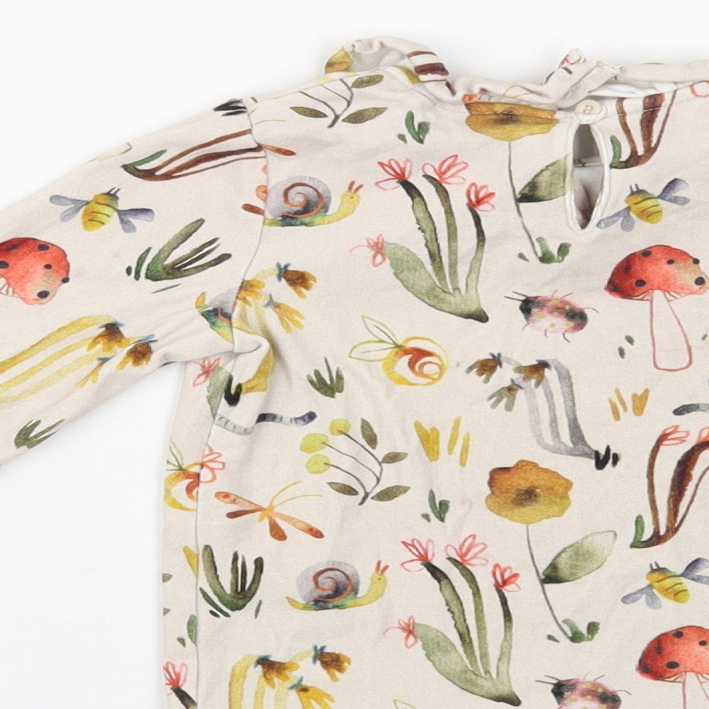 NEXT Girls Beige Floral Cotton Pullover T-Shirt Size 2-3 Years Collared Button