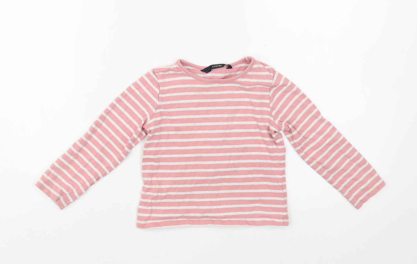 George Girls Pink Striped Cotton Basic T-Shirt Size 2-3 Years Crew Neck Pullover