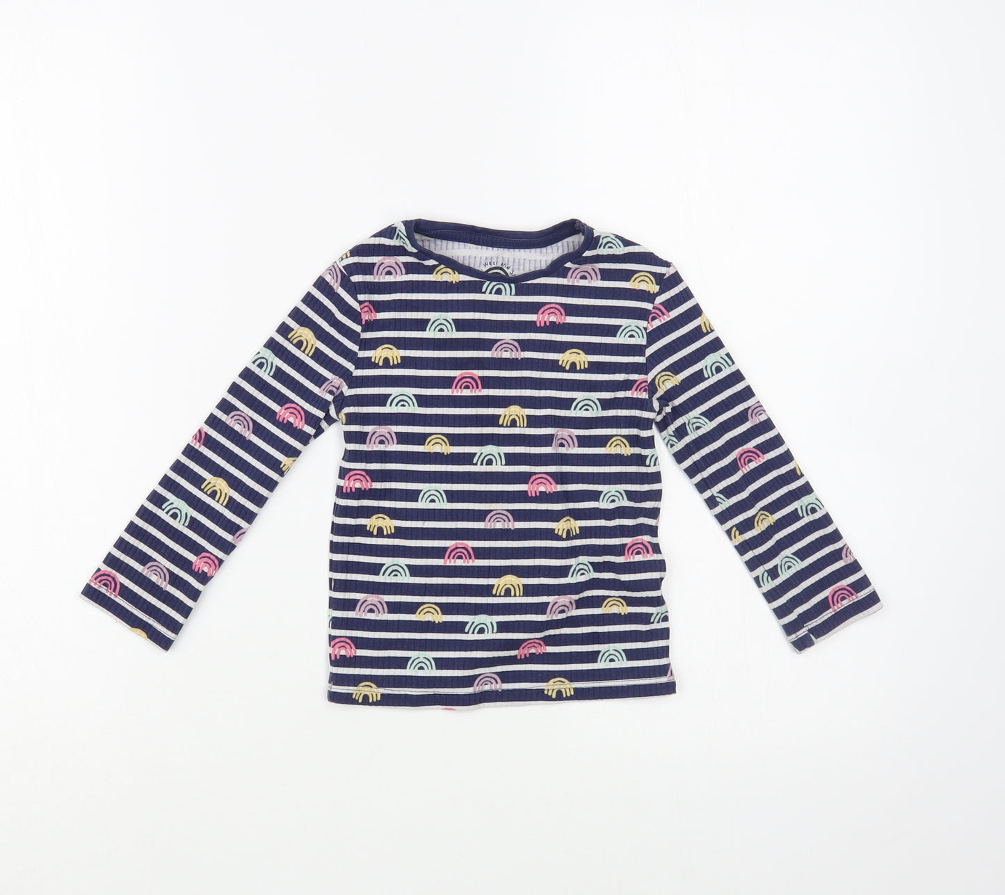 F&F Girls Blue Striped Cotton Pullover T-Shirt Size 2-3 Years Crew Neck Pullover - Rainbow Print