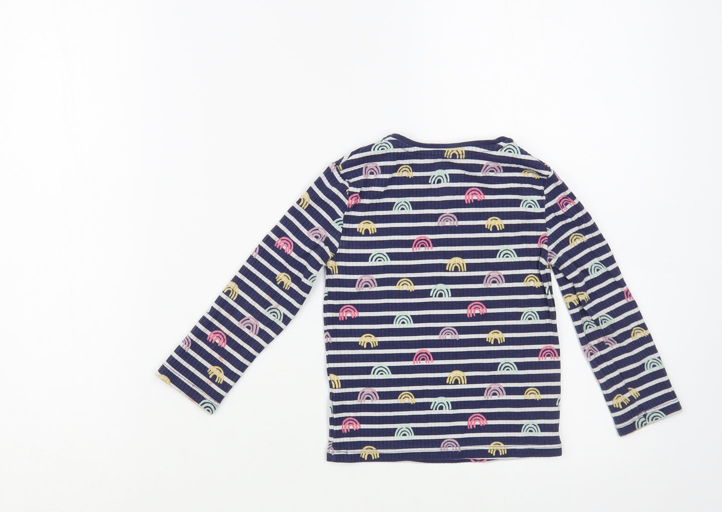 F&F Girls Blue Striped Cotton Pullover T-Shirt Size 2-3 Years Crew Neck Pullover - Rainbow Print