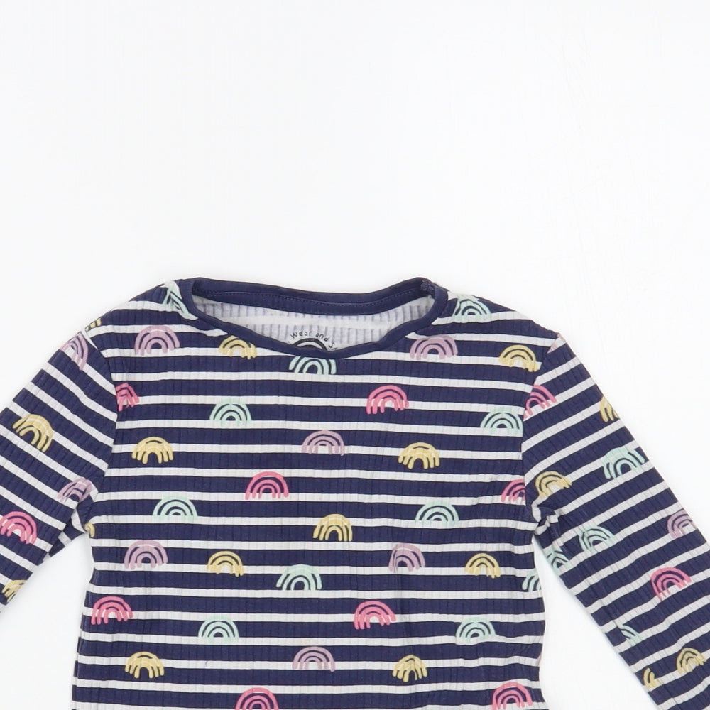 F&F Girls Blue Striped Cotton Pullover T-Shirt Size 2-3 Years Crew Neck Pullover - Rainbow Print