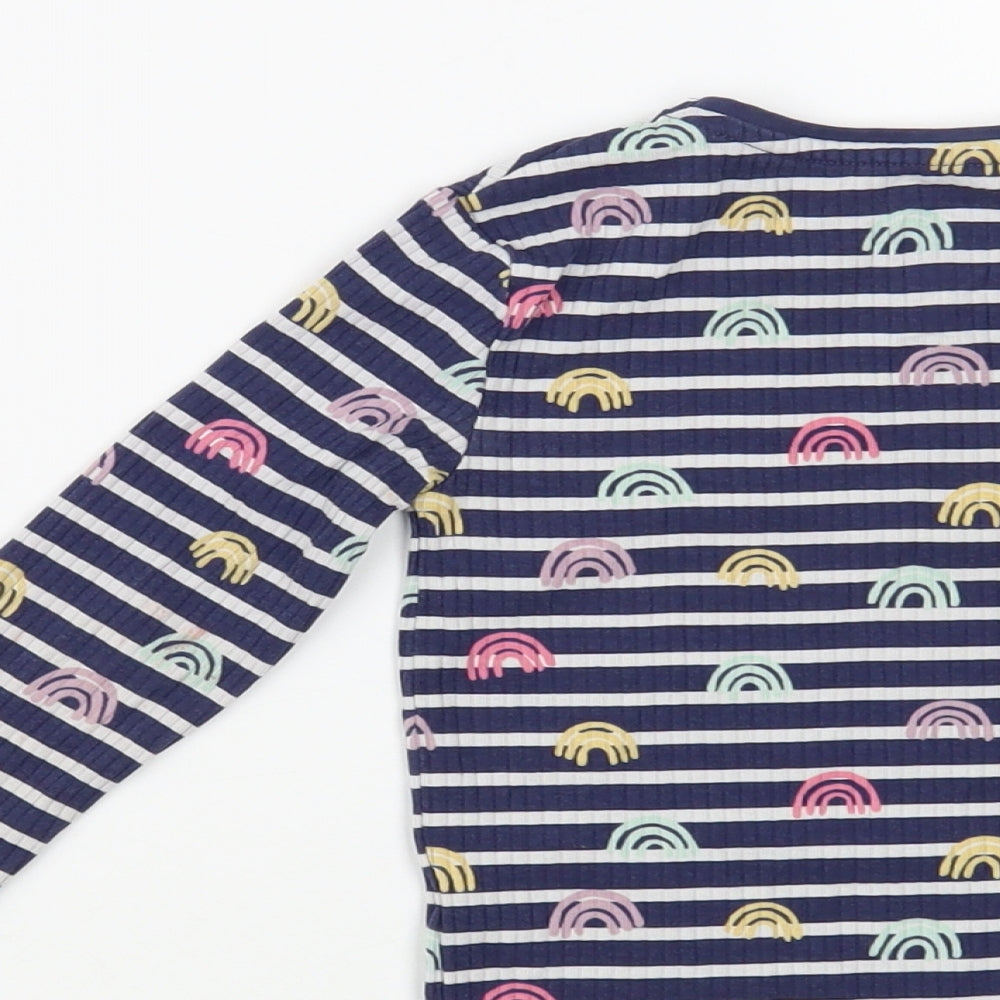 F&F Girls Blue Striped Cotton Pullover T-Shirt Size 2-3 Years Crew Neck Pullover - Rainbow Print