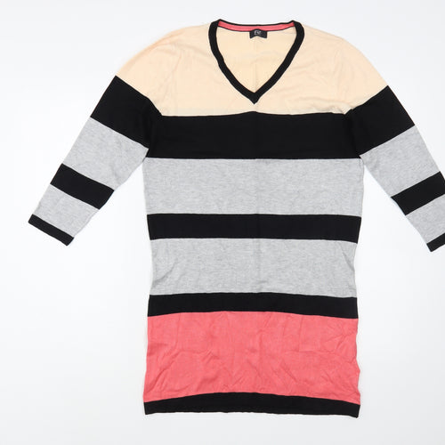 F&F Womens Multicoloured V-Neck Striped Viscose Tunic Jumper Size 14
