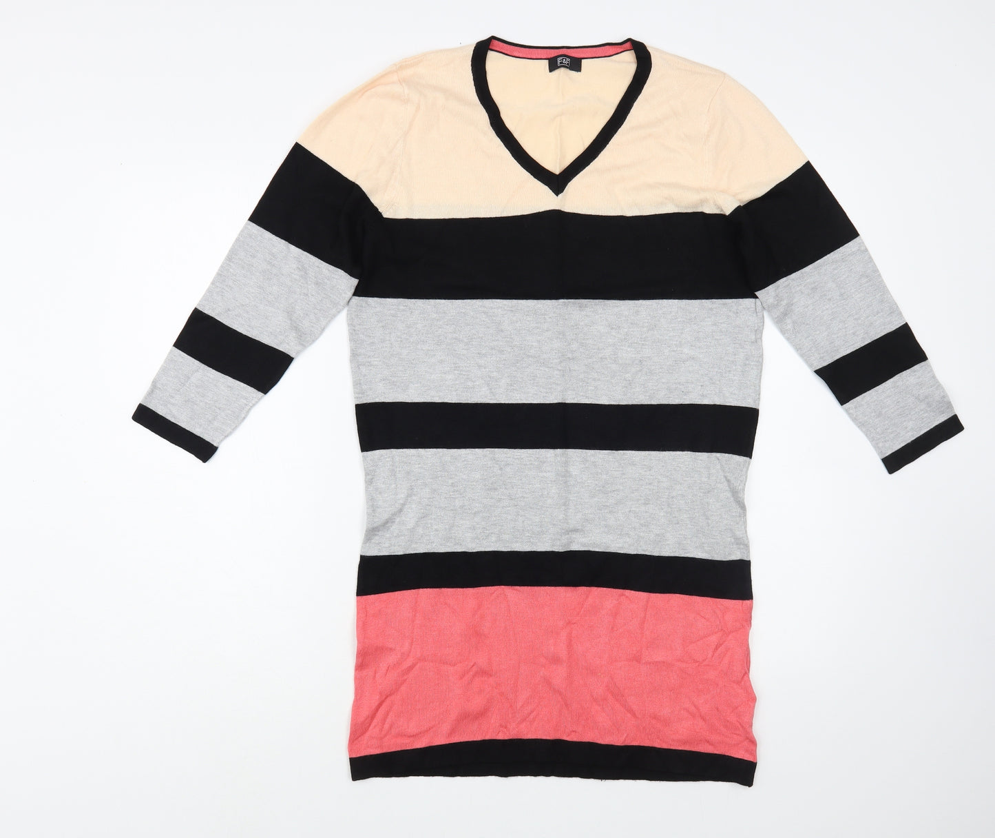 F&F Womens Multicoloured V-Neck Striped Viscose Tunic Jumper Size 14