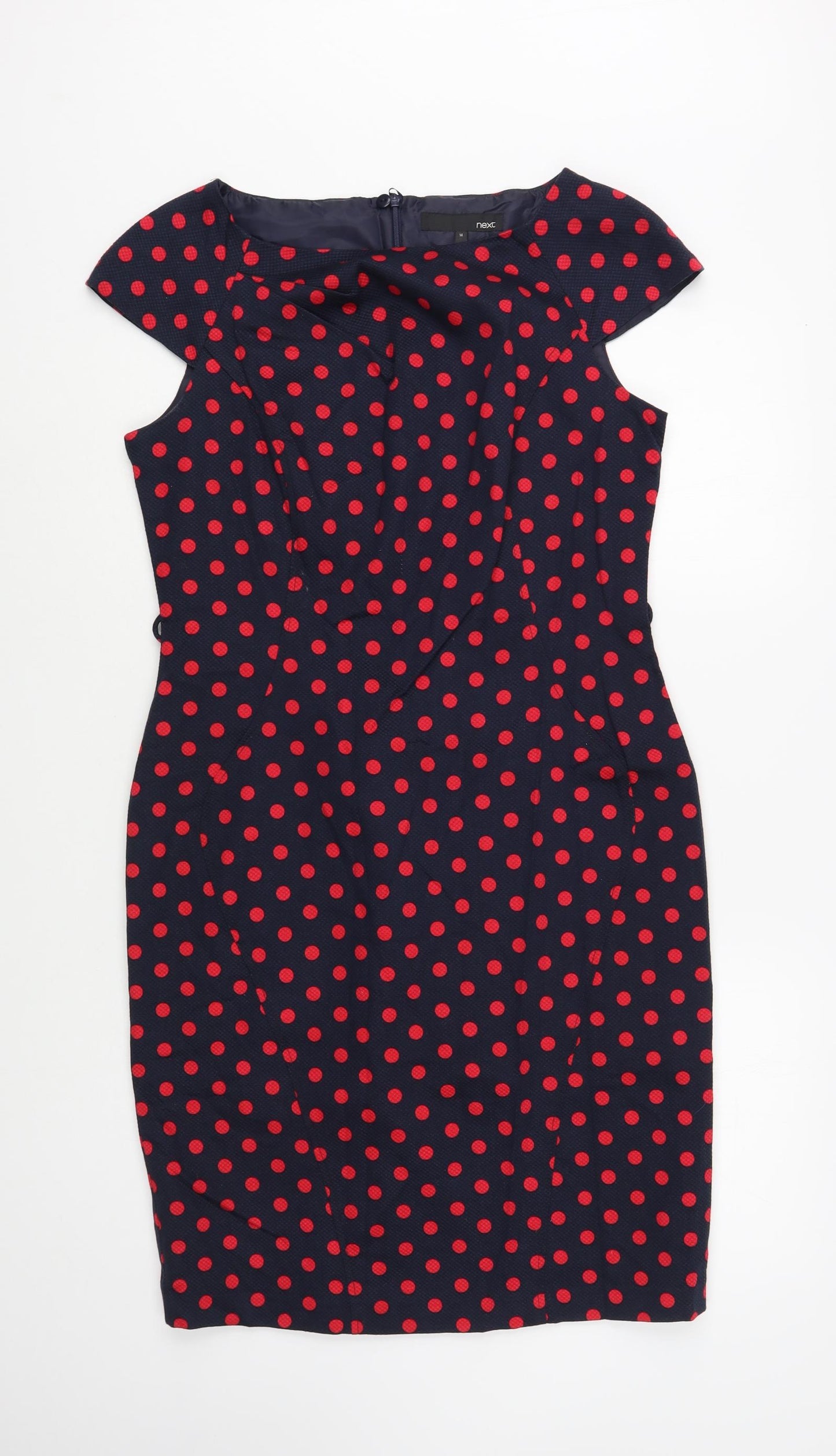 NEXT Womens Blue Polka Dot Cotton Pencil Dress  Size 14  Boat Neck Zip