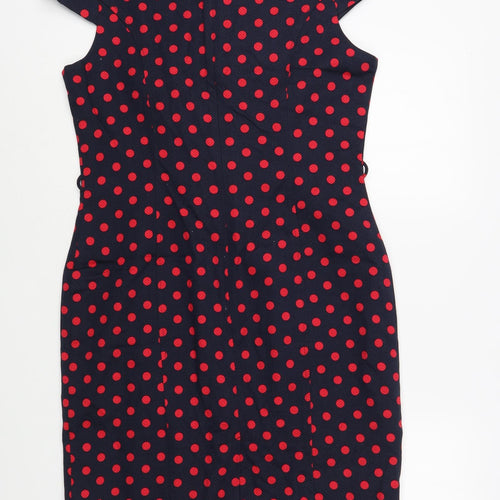 NEXT Womens Blue Polka Dot Cotton Pencil Dress  Size 14  Boat Neck Zip